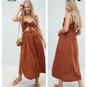 Free People Caldasi Midi Dress Tie & Button Front Bronze Size XS